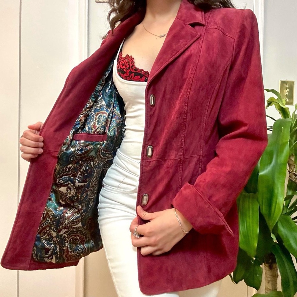 Womens Burgundy Suede Blazer Jacket